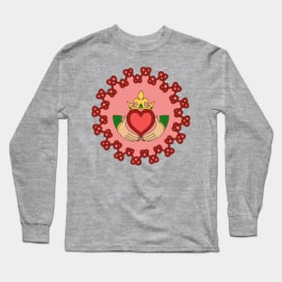 Claddagh and Red Knotwork on Pink Long Sleeve T-Shirt